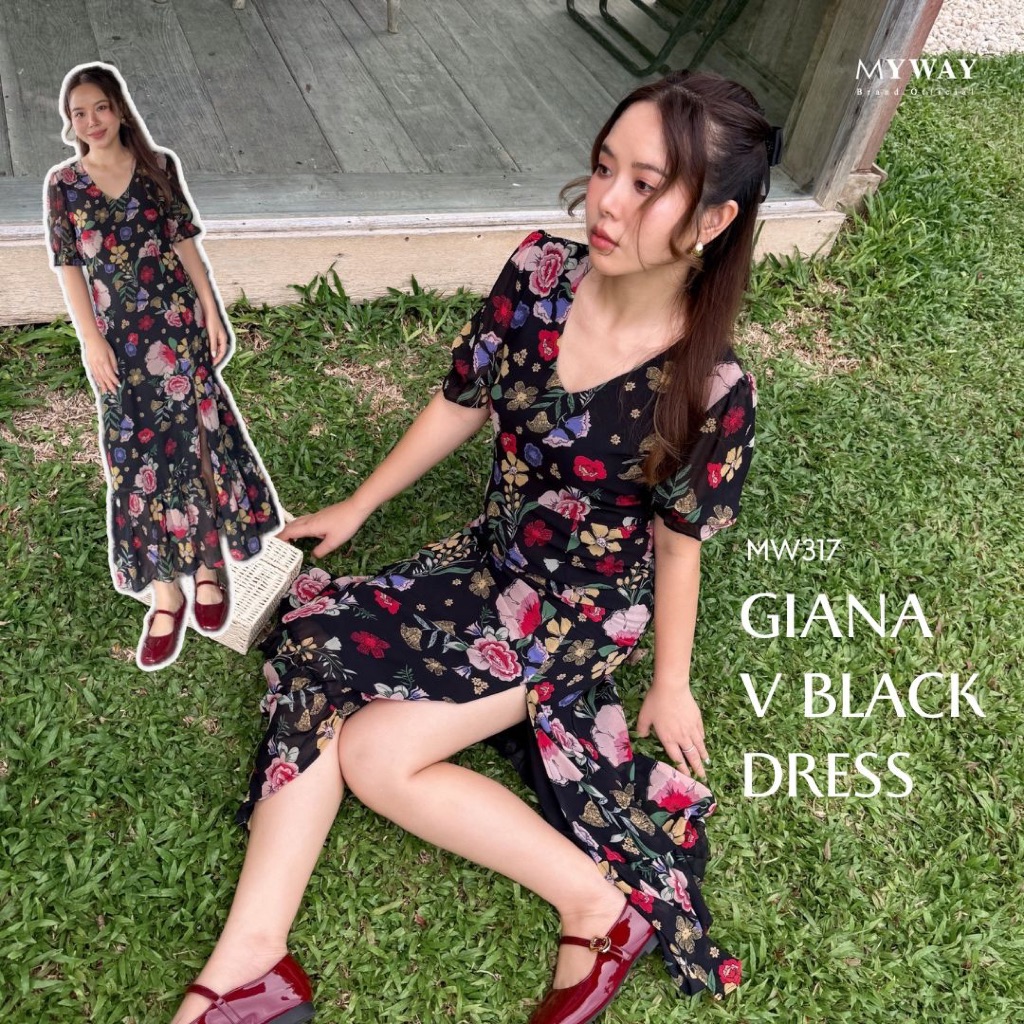 MyWay Brand : Dress Giana V Black ชุดเดรสยาว สีดำ ลายดอก ผ้าซีฟองผ้านิ่มใส่สบาย ซับในทั้งชุด
