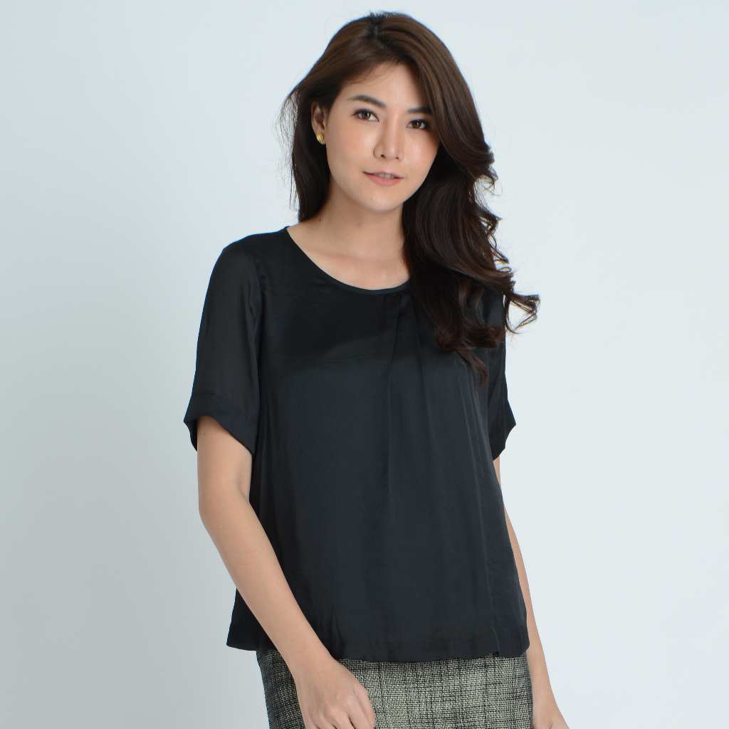 GSP จีเอสพี เสื้อเบลาส์ แขนสั้น สีดำ แต่งจับจีบบริเวณคอ SL2KBL