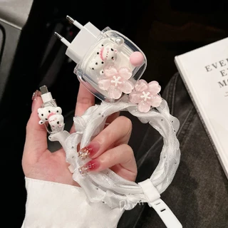 ส่งจากไทย ชุดพันสาย ลาย แมวดอกไม้ชมพู ชุดตกเเต่งสายชาร์จ สำหรับ iphone 18/20/35w