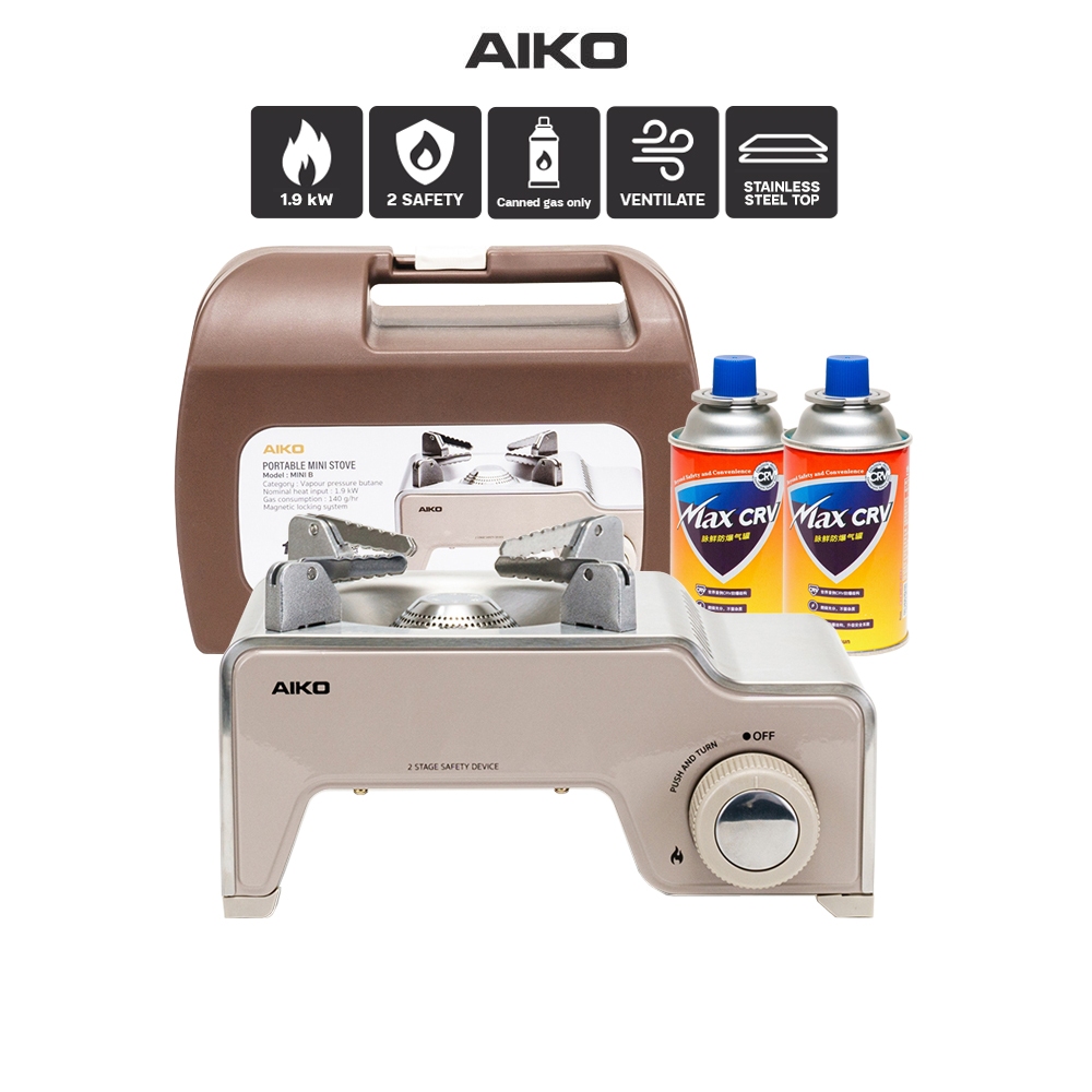 AIKO ชุดเซท MINI-B-W สีขาว + Max 150 2 กระป๋อง     เตาแก๊ส 1.9 KW  portable stove + Gas 150g. x 2