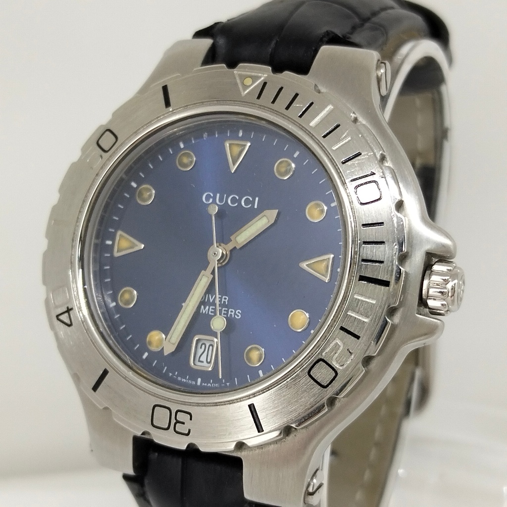 นาฬิกาผู้ชาย นาฬิกา Gucci 9750M หน้าปัดสีน้ำเงิน สายหนัง ของแท้ มือสอง ราคา