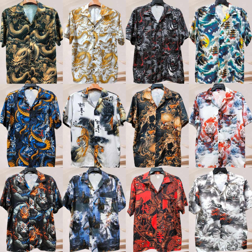 ဟာဝိုင်ယီအင်္ကျီ လက်တို Italian Silk အထည် ပေါင်းလက်မောင်း ရွေးချယ်နိုင် (အရွယ် M-3XL၊ ရင် 38-52 လက်မ) အဆင်သင့်ပို့