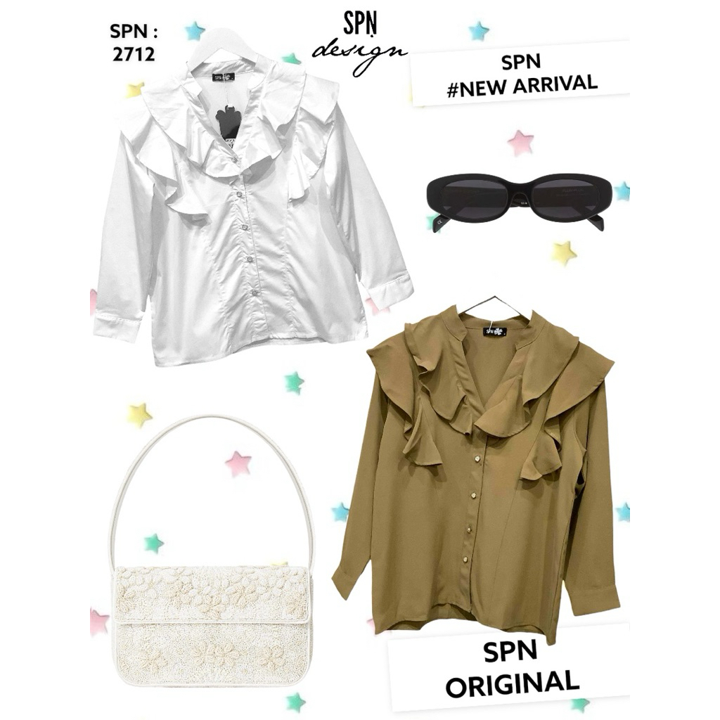 SPN 2712 เสื้อเชิ้ตคอระบาย กระดุมหน้า สีขาว/สีน้ำตาล ความยาว 23-25”