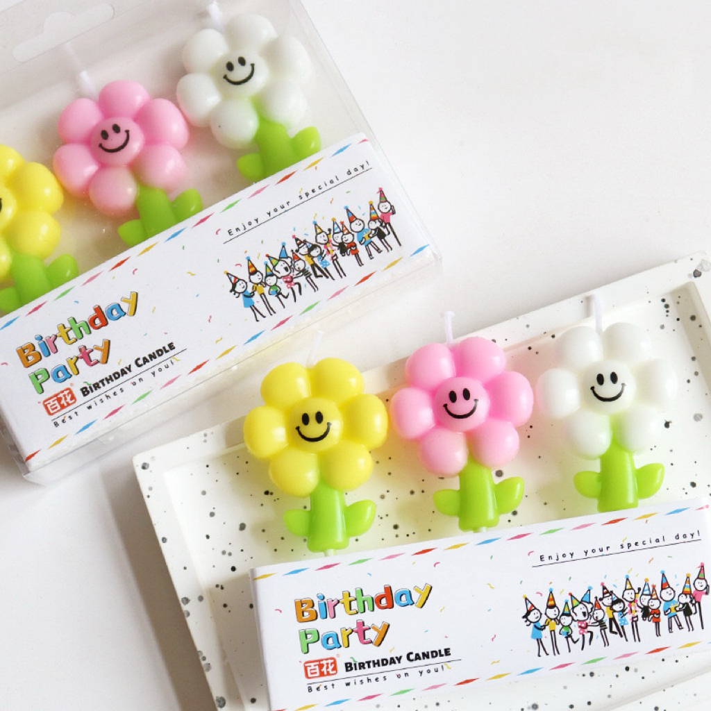 333 <พร้อมส่งในไทย > เทียน Happy birthday เทียนวันเกิดทานตะวัน 3 สี กล่องละ 3 ชิ้น