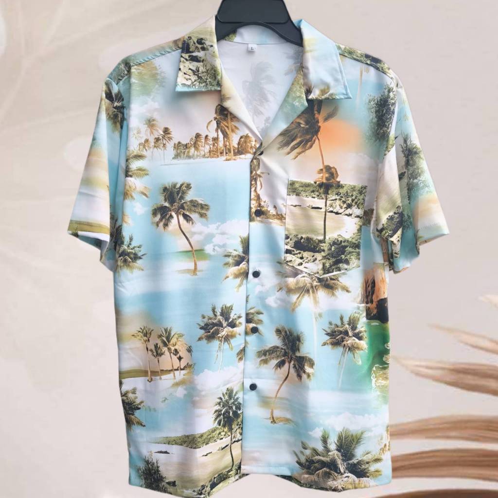 เสื้อเชิ้ตฮาวาย ลายต้นมะพร้าวคราม (พื้นสีฟ้า) ผ้าไหมอิตาลี