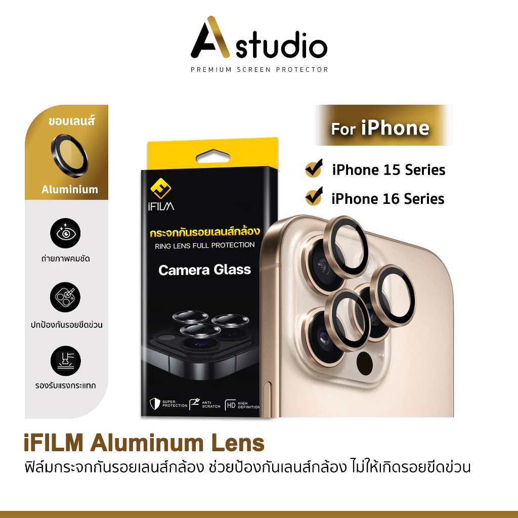 🏅iFilm ฟิล์มกันรอย เลนส์กล้อง Ring For iphone 16 pro max 16plus 16e 15promax iphone15 plus Lens Camera Aluminum forไอโฟน