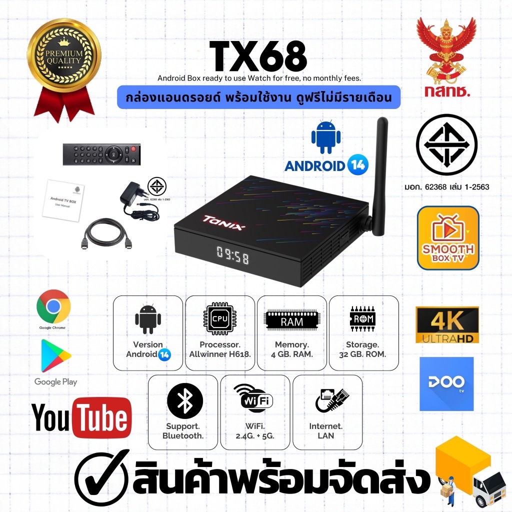 Android 14  รุ่นTx68 CPU Allwinner H618  Ram 4GB  Rom 32GB   Wifi 2.4/5G 4K Android TV Box