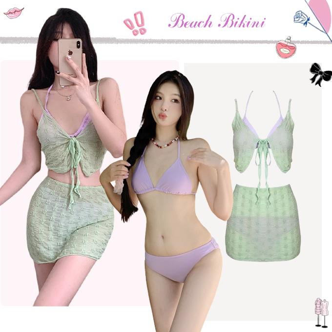 💗ส่งไวจากไทย💗Sexy Bikini ชุดว่ายน้ำ 4 ชิ้น ดีไซน์พิมพ์ลาย ผ้าลูกไม้ สายสะพายไหล่ปรับได้ ผูกด้านข้าง