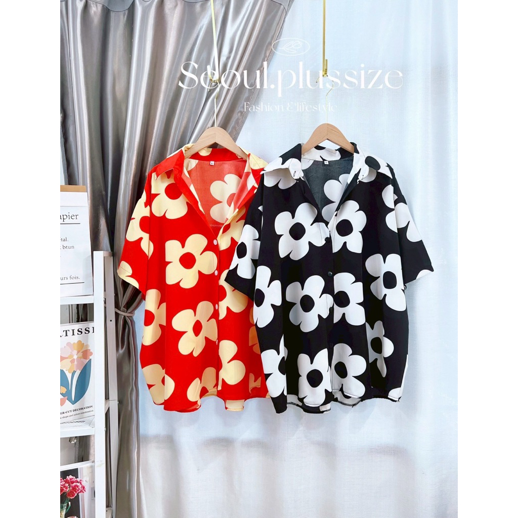 Kamu shirt เสื้อเชิ้ตคอปกลายดอก แขนสั้นไซส์ใหญ่ อก 40-50+