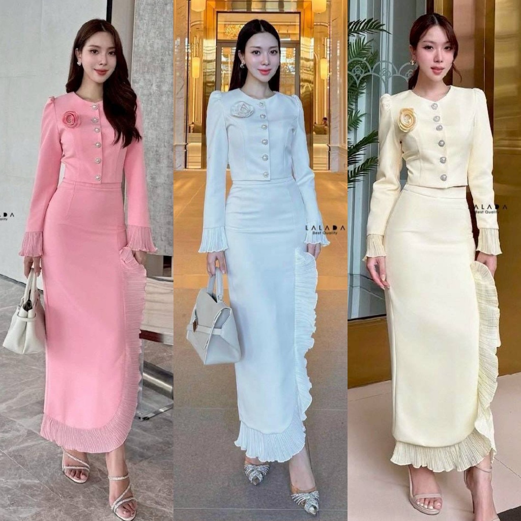 ❣️พร้อมส่ง📌 LALADA 42 เซต เสื้อ+กระโปรง+เข็มขัด สีขาว ชมพู ฟ่า ทำบุญ งานบวช แฟนนาค งานแต่ง