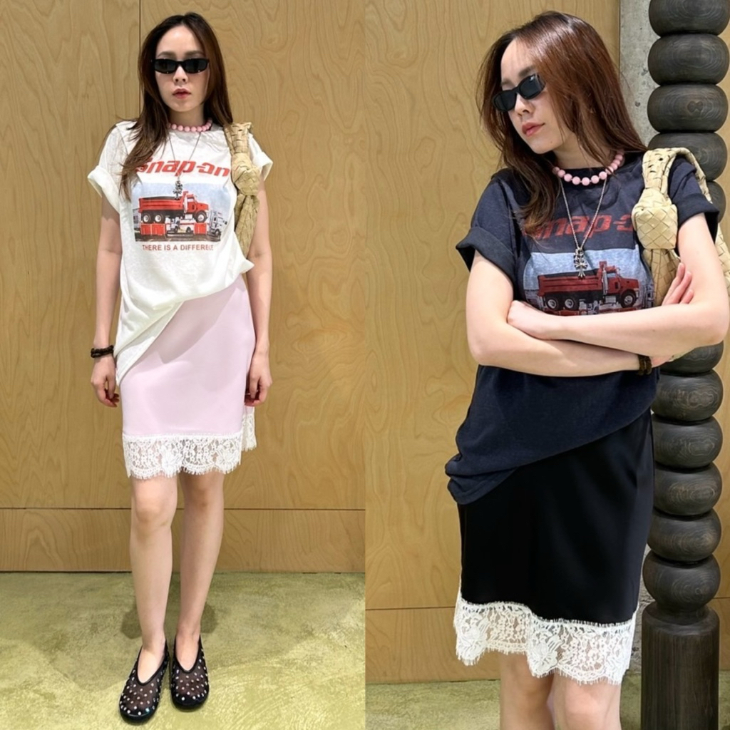 tshop กระโปรง Satin สั้นชายลูกไม้