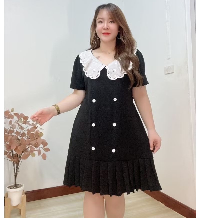 เดรสสาวอวบ ผ้ายืดวูลเวฟแต่งคอลูกไม้ฉล ุขนาดฟรีไซส์อกเสื้อก่อนยืด 42 นิ้วเอว 34-44 นิ้วสะโพก 48-50"++ความยาว 37 นิ้วWT