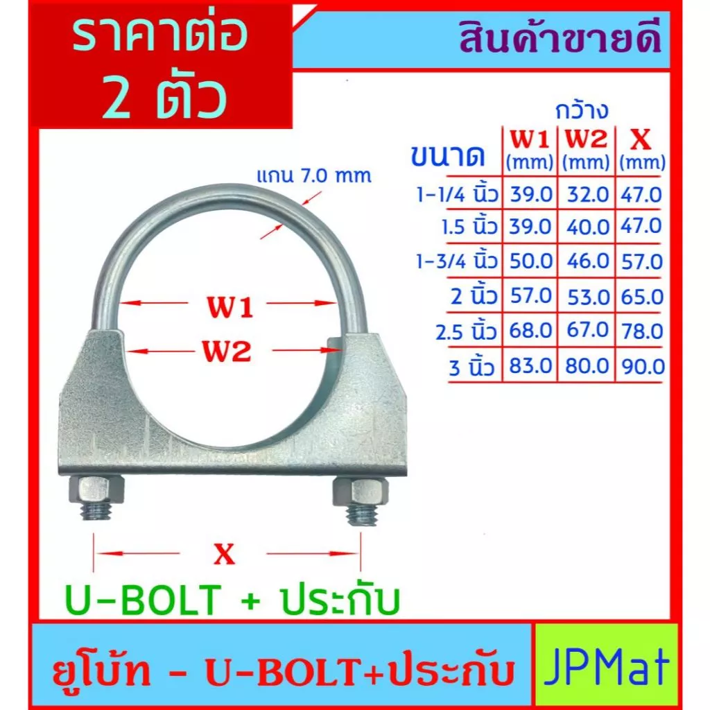 U-bolt + ประกับ ล๊อคท่อ ชุดละ 2 ตัว มีหลายขนาดให้เลือก สำหรับงานเดินท่อ ประปา ท่อไฟฟ้า หรืองาน DIY อื่นๆ