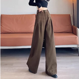 S~5XL กางเกงยีนส์ขายาวสีน้ำตาลขนาดใหญ่ กางเกงยีนส์ขายาวตรงเอวสูงแบบวินเทจ กางเกงยีนส์ขายาวสีน้ำตาลหลวมสไตล์คาสวลHOT