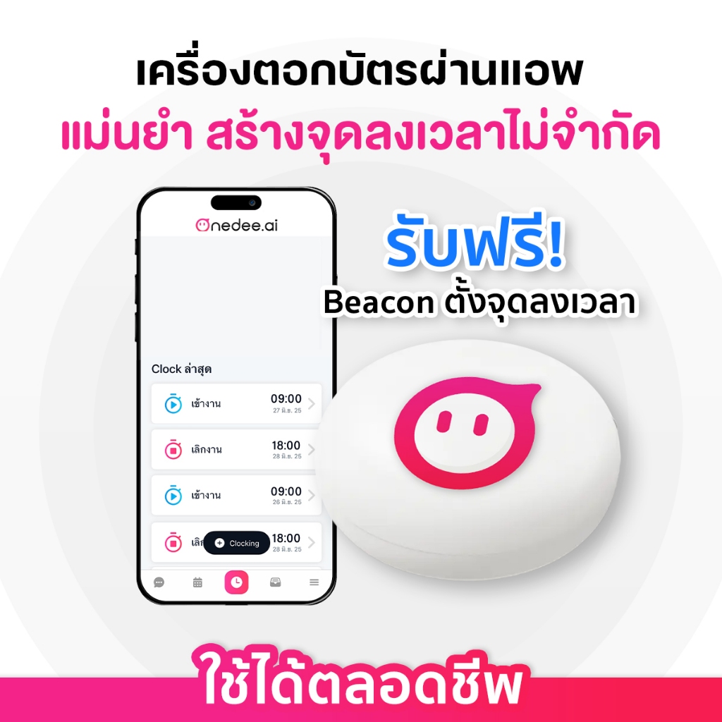 เครื่องตอกบัตร ลงเวลาผ่านแอพ ระบบ iBeacon - ใช้งานตลอดชีพ (5-30 คน)