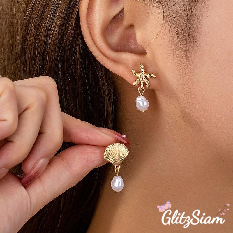 Glitzsiam💫💫ต่างหูมุกวินเทจ ต่างหูเปลือกหอยสำหรับผู้หญิง หลากหลายสไตล์ ประดับมุก ราคาไม่แพง.