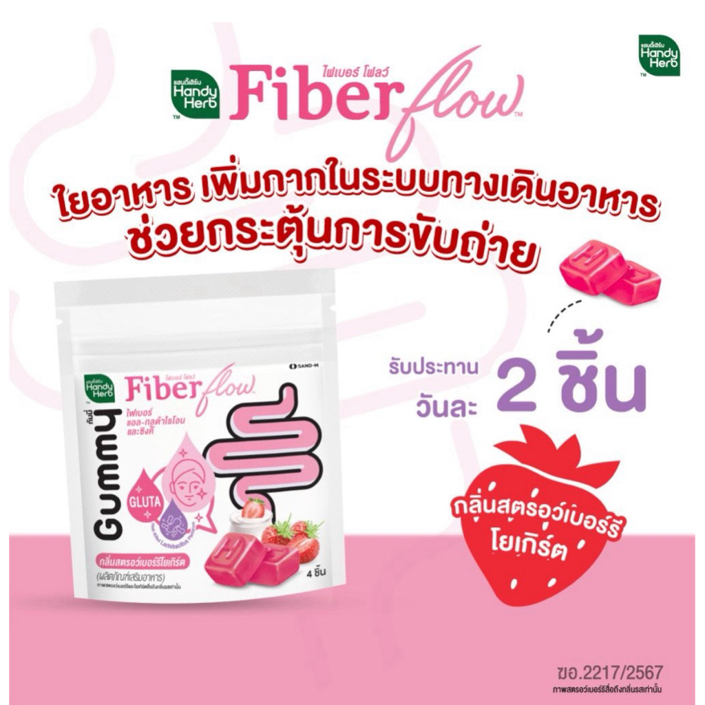 แฮนดี้เฮิร์บ ไฟเบอร์โฟลว์กลูต้ากัมมี่รสสตอเบอรรี่โยเกิร์ต Habdy Herb Fiber Flow Gluta Gummy Strawber