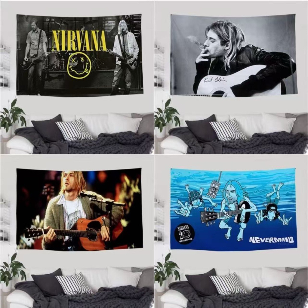 nirvana วงเนอร์วานา  นักร้อง นักดนตรี วงร็อค ผ้าแขวนผนัง วอเปเปอร์ติดผนัง นักร้องยุคเก่า บาร์ ร้านดนตรี