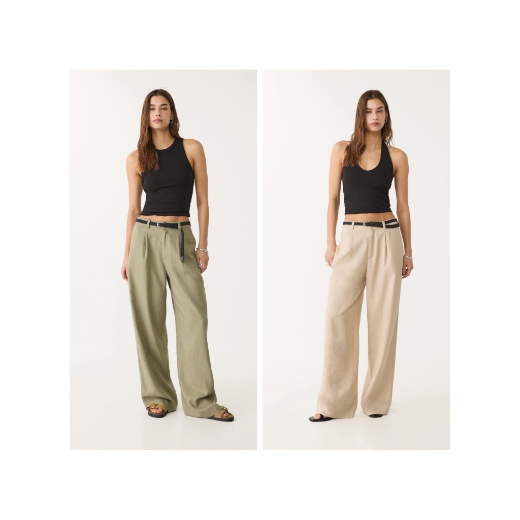 Stradivarius linen blend กางเกงขายาวทรงกระบอก ผ้าลินินผสม สีครีม,สีเขียว