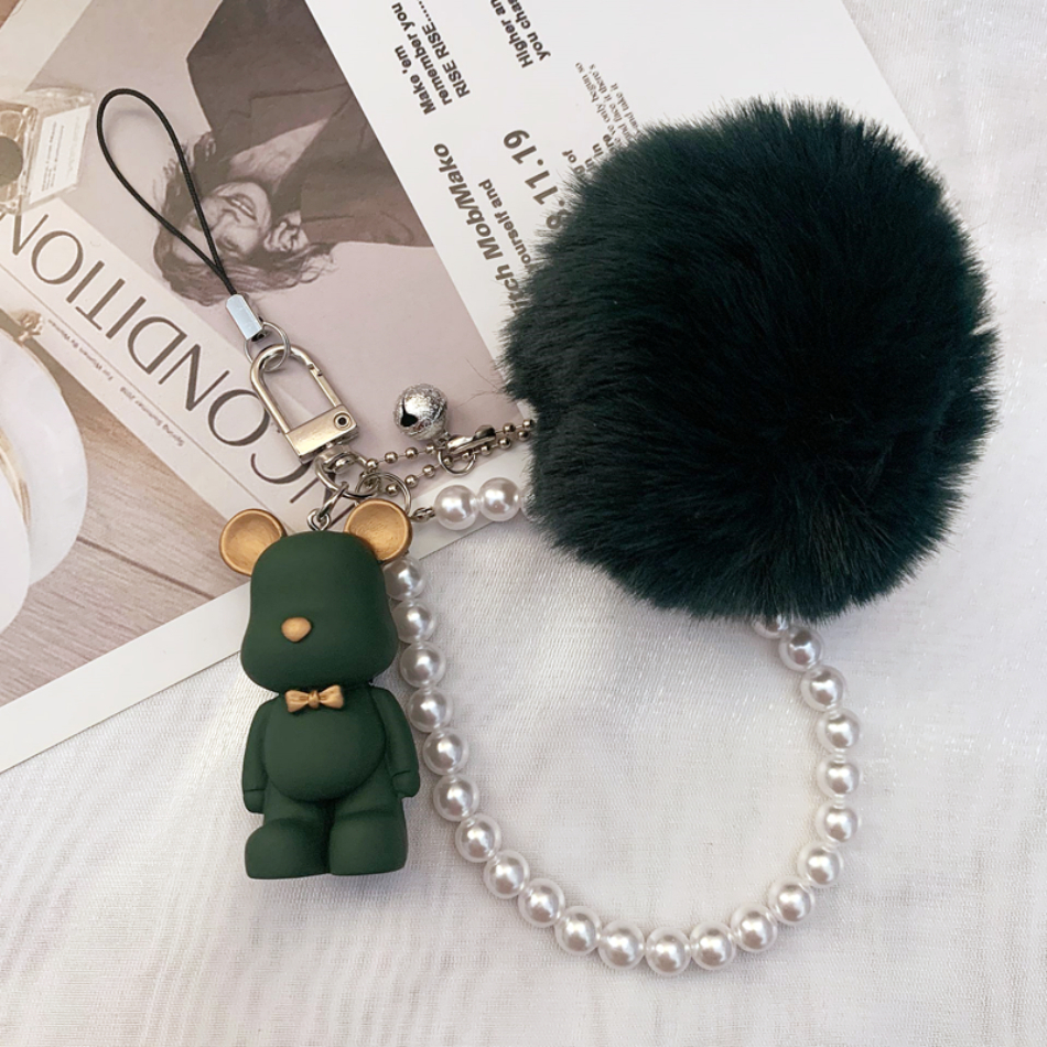 Cartoon Bear Fuzzy Ball Pendant Shell Lanyard Hanging Chain Wrist Strap Bell Pendant