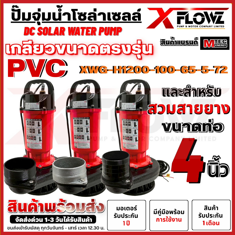 ปั๊มจุ่มไดโว่ โซลล่าเซลล์ รุ่น XWG-H1200-100-65-5-72ท่อส่งน้ำขนาด4นิ้วSOLAR WATER PUMPต่อได้ทั้งแบตเตอรี่และแผง