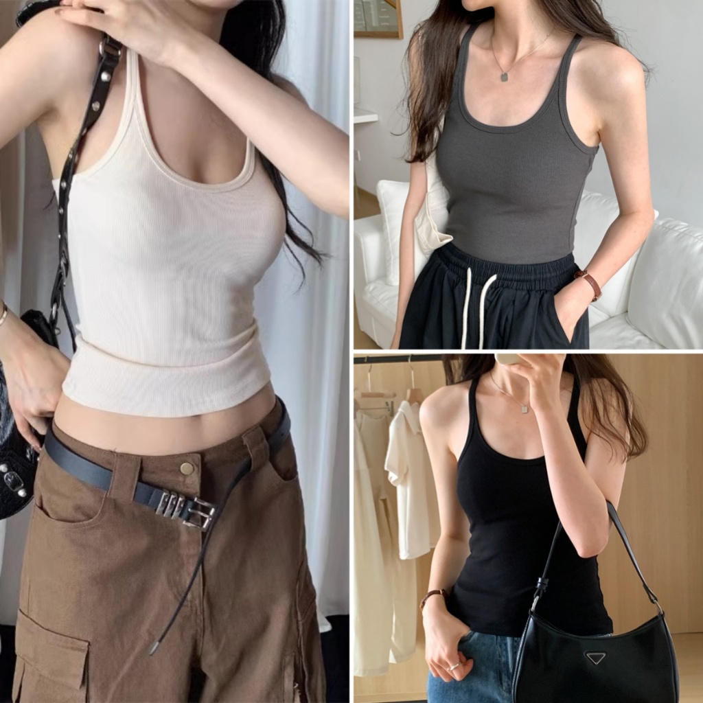 Bella shop เสื้อกั๊กสีทึบคอต่ำสไตล์อเมริกันสำหรับผู้หญิง Sexy tank