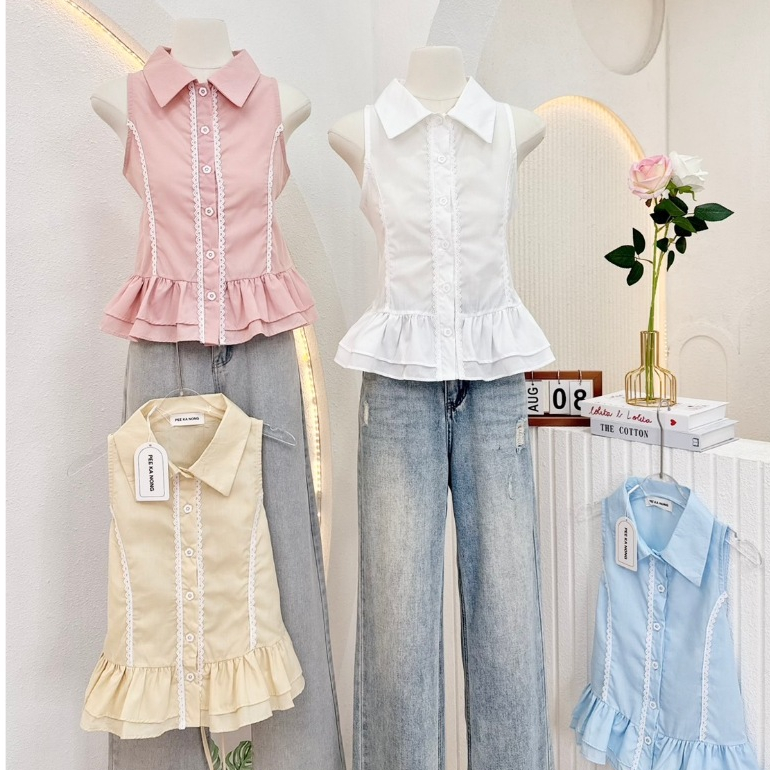 Sonah top : เสื้อเชิ้ตแขนกุด แต่งลูกไม้ ชายเสื้อระบาย2ชั้น KN.Clothes