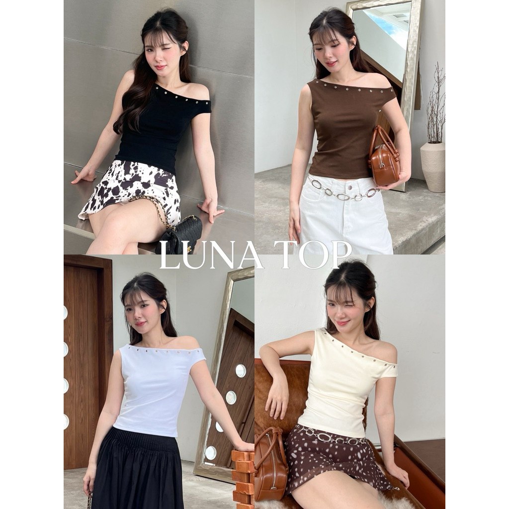 SHOP.POPO-Luna one shoulder top เสื้อเปิดไหล่ข้างเดียวดีเทลเจาะห่วงสีเงิน