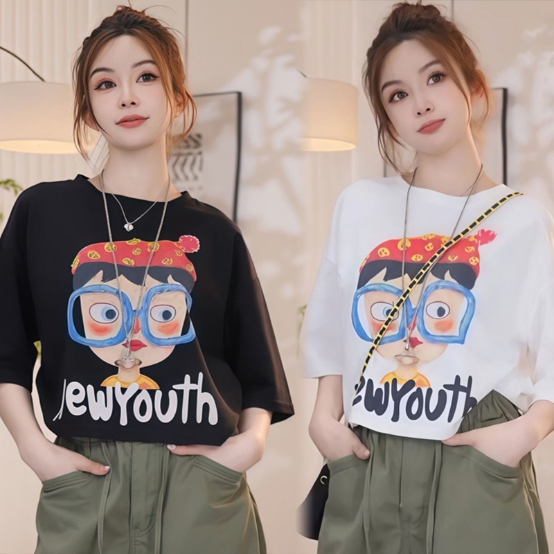เสื้อครอปน่ารักสไตล์เกาหลี oversize เสื้อผ้าสาวอวบอ้วนไซส์ใหญ่ เสื้อยืดสวยๆผู้หญิงแฟชั่นมาใหม่ สกรีนลายเท่ style pop bkk