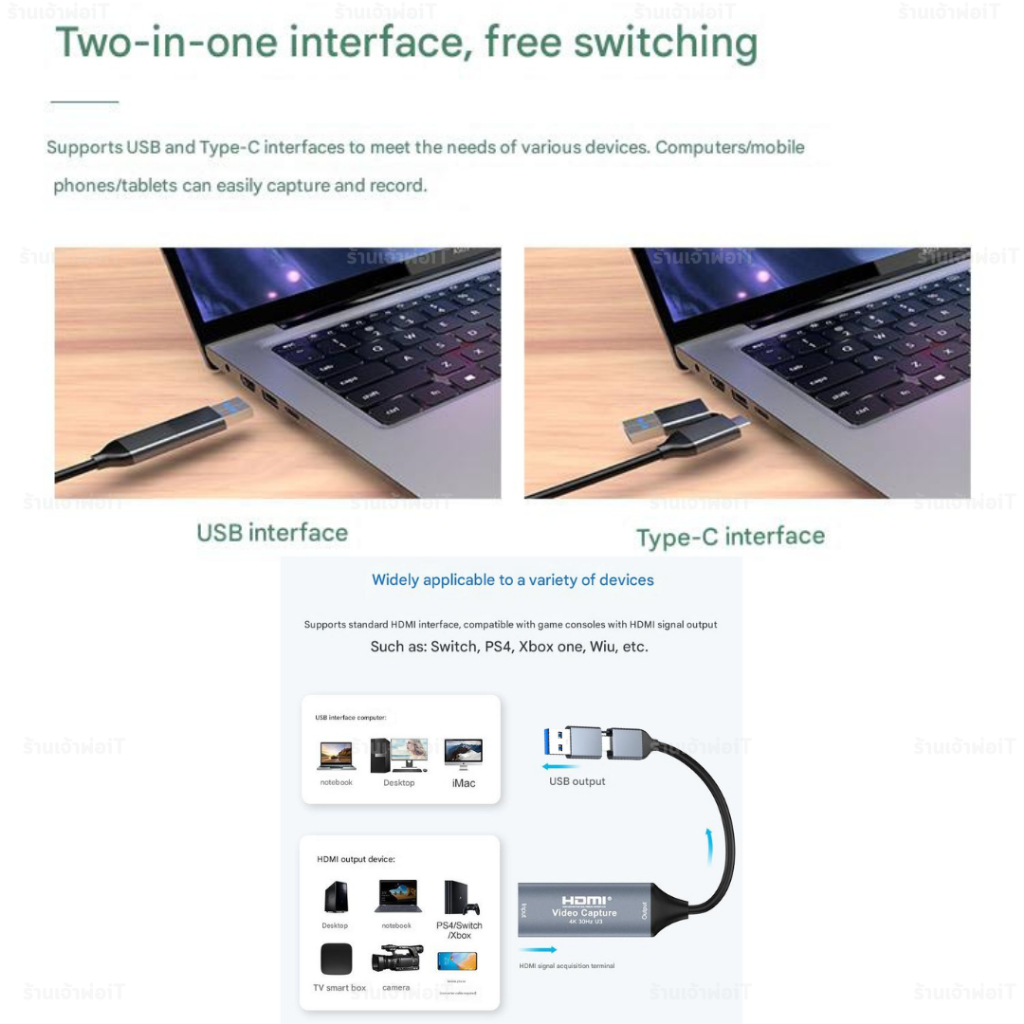 แคปเจอร์การ์ด Video Capture Card, 4K 60HZ HDMI to USB3.0 Type-C การ์ดจับภาพวิดีโอ สําหรับสตรีมมิ่งและบันทึก - รูปที่ 3