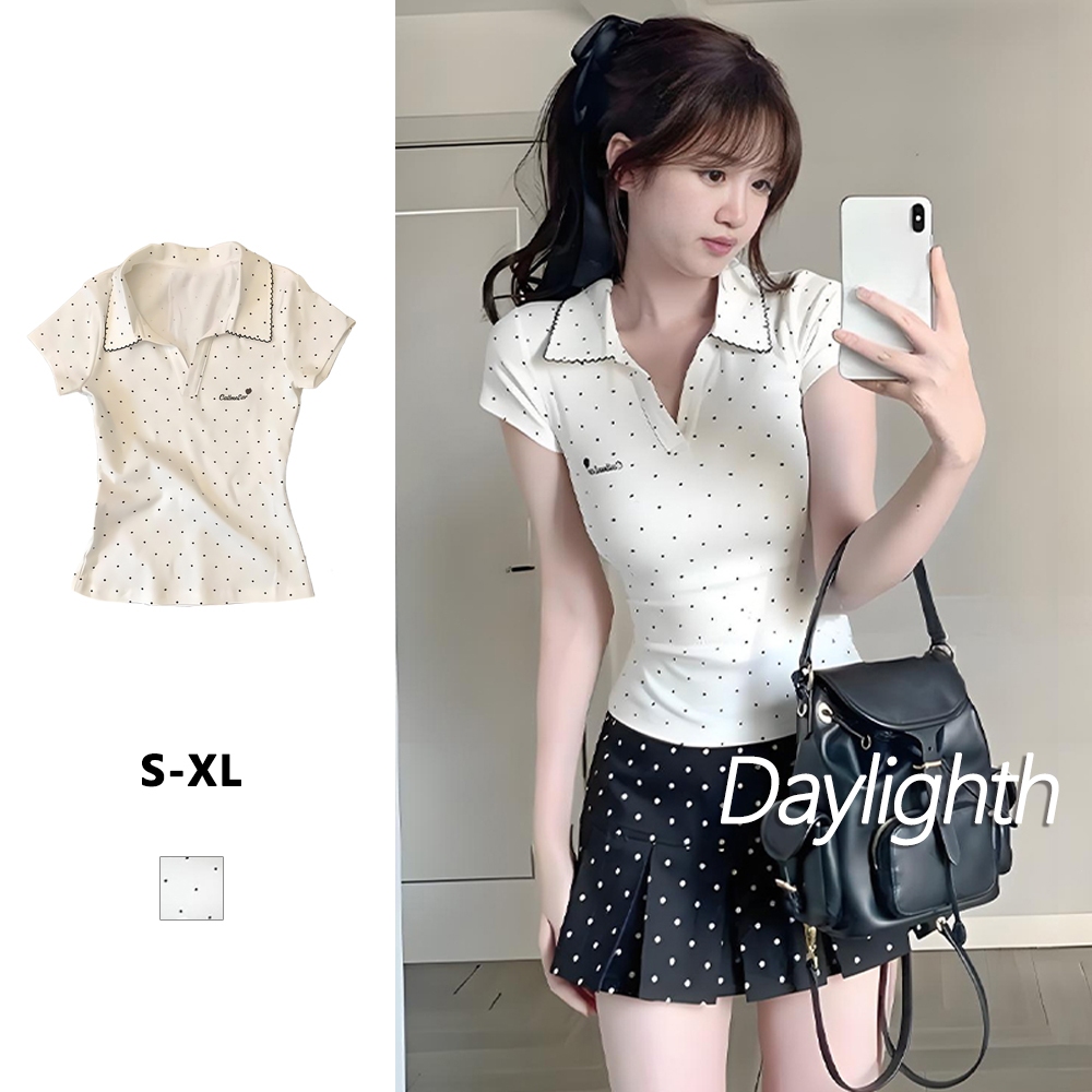 เสื้อยืดคอกลมแขนสั้น ปักลายจุด ทรงเข้ารูป สำหรับผู้หญิง DL