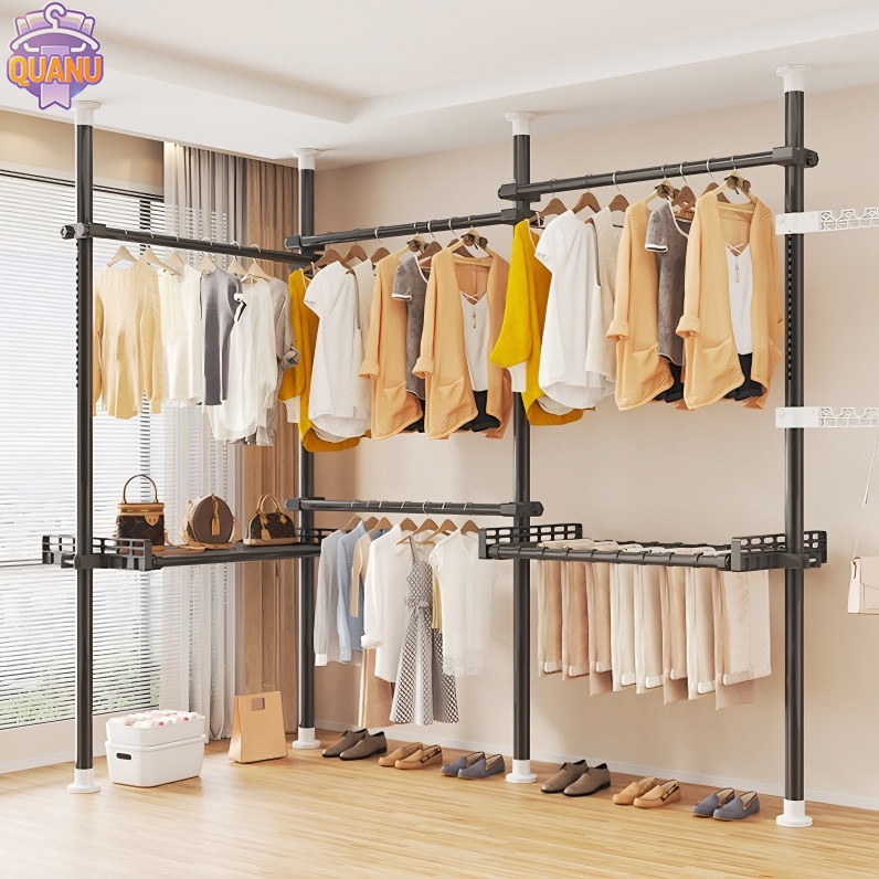 QUANU ราวตากผ้า ไม้แขวนผ้า ราวแขวนเสื้อ ก้านแขวนเสื้อ แบบตั้ง ไม่ต้องเจาะเพดาน ประหยัดพื้นที่ DIY RACK รับน้ำหนัก100kg