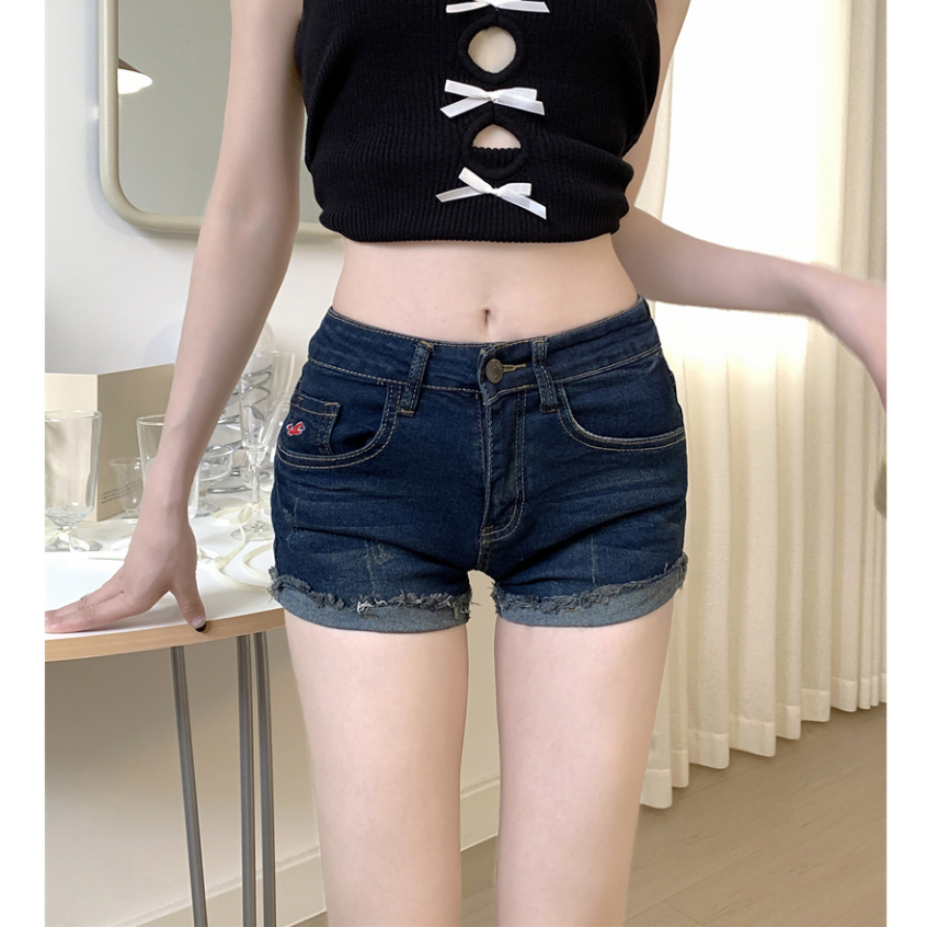 กางเกงยีนขาสั้น กางเกงขาสั้น เอวสูง ผ้ายืดได้ สไตล์วินเทจ ทรงเข้ารูป #010253