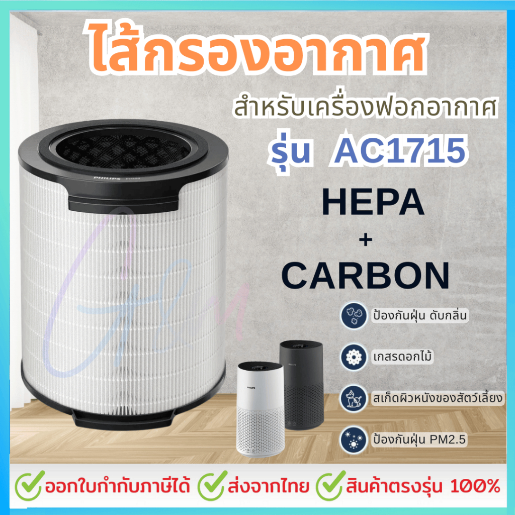 ไส้กรอง สำหรับเครื่องฟอกอากาศ Philips AC1715/21 AC1711 AC1731 AC1730 FY1700/30 HEPA และคาร์บอน 2 in 1 สินค้าทดแทน