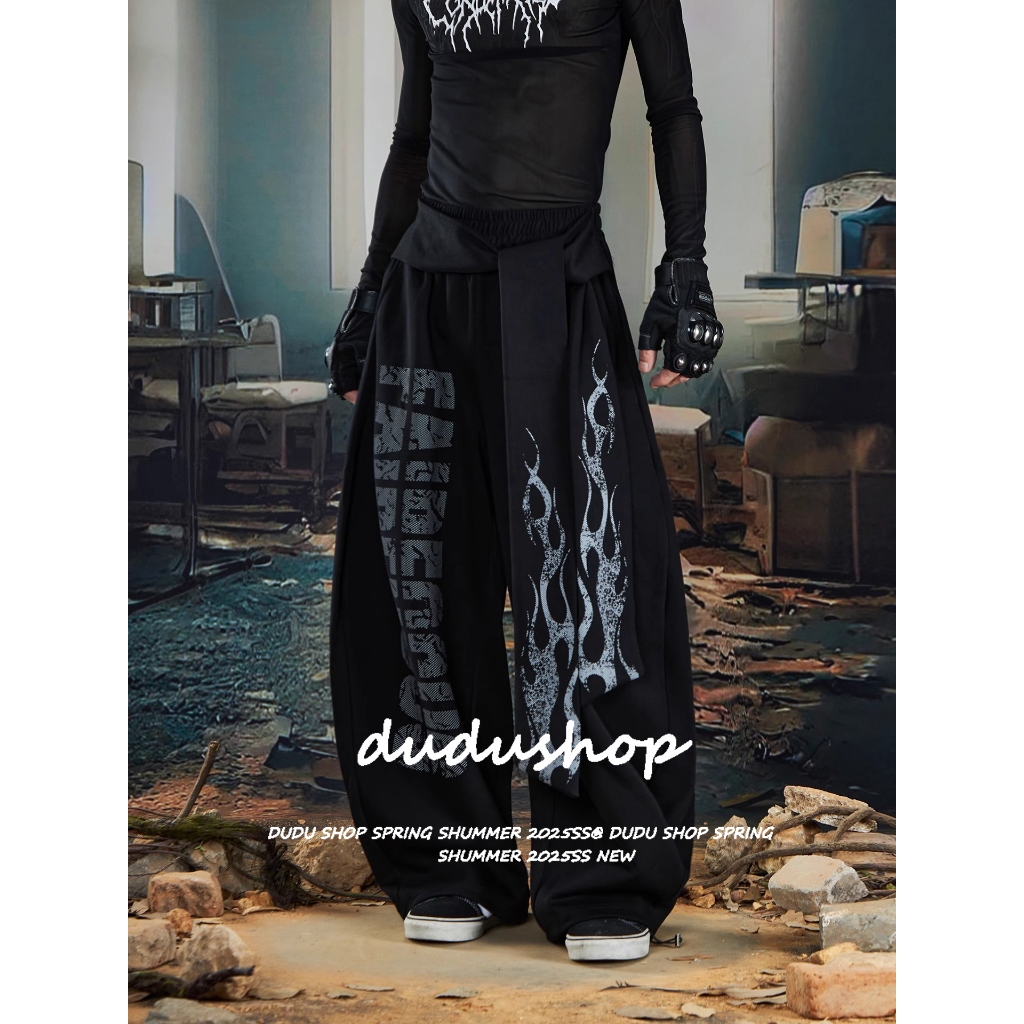 [Flame pattern, letter print wide-leg pants]กางเกงกีฬาขากว้างสไตล์เกาหลี กางเกงลำลองผู้หญิงพิมพ์ลายตัวอักษรเปลวไฟ