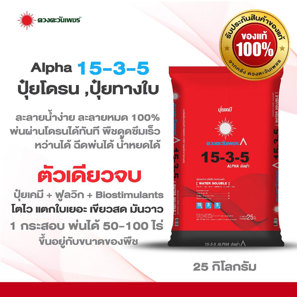 ปุ๋ยอัลฟ่า15-3-5 ขนาด 25 กิโลกรัม สำหรับ พ่นทางใบ มีส่วนผสมหลัก 8 biostimulantสารเสริมประสิทธิภาพพืช