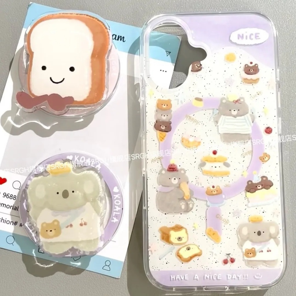 DB051 เคสขอบข้างใสนิ่มหลังแข็งพิมพ์ลายหมีและขนมปังโทนสีม่วงมีแม่เหล็ก ตัวติดแม่เหล็ก(Griptok)ขายแยกน