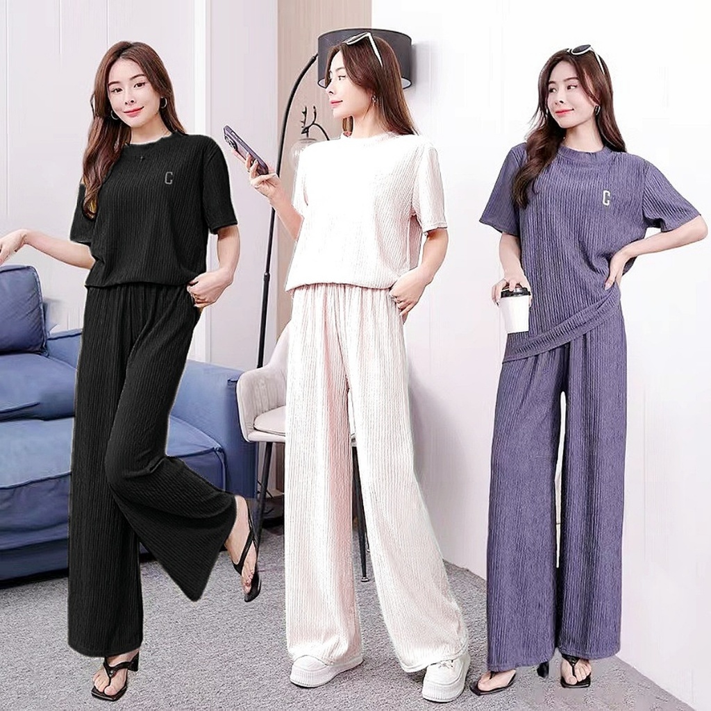 ชุดลำลองผู้หญิง เสื้อยืดแขนสั้น กางเกงขาบาน ดูผอม ใส่ได้หลายแบบ ชุดสองชิ้น ผ้านุ่มละเอียด  baggy pants - รูปที่ 5