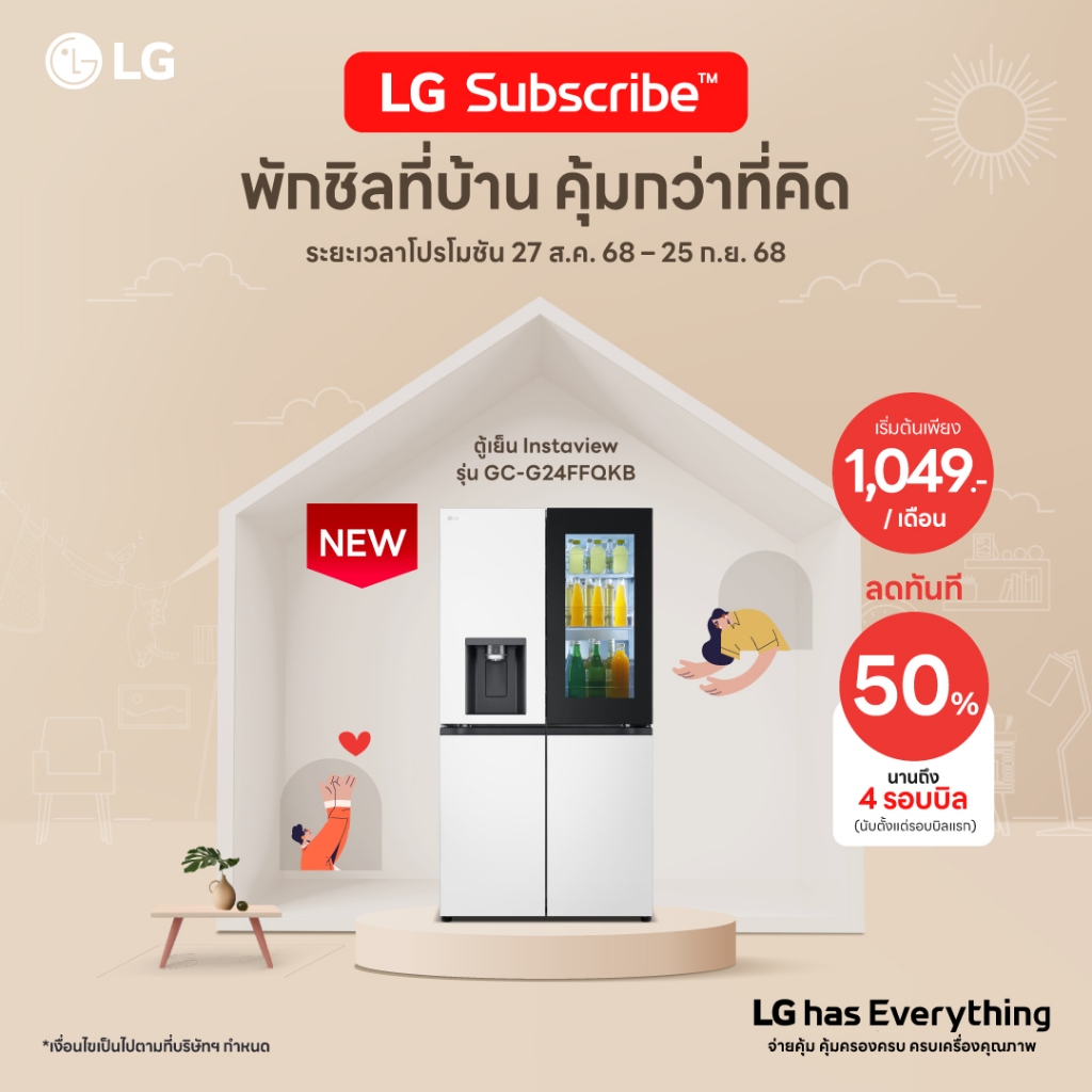 [ LG Subscribe ] ไม่ต้องดาวน์ ไม่ต้องจ่ายเงินก้อน ตู้เย็นรุ่น GC-G24FFQKB ตู้เย็น 4 ประตู Multi Door