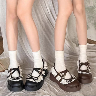 SHO-LOLI🎀 รองเท้าโลลิต้า สไตล์ญี่ปุ่น ส้นสูง มีสายคาดลูกไม้ แต่งโบว์ น่ารัก รองเท้าเสริมส้น โลฟเฟอร์ผู้หญิง 🎀