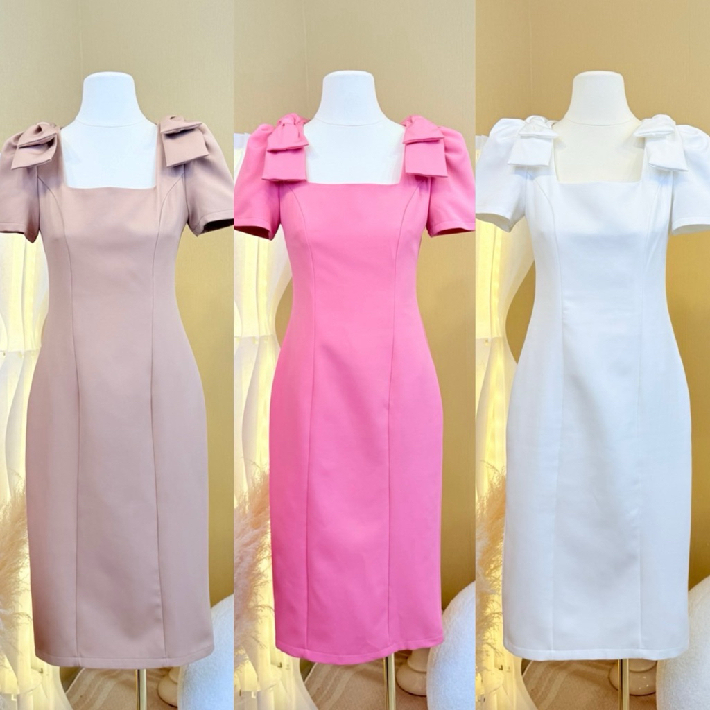 [LISA] A1100 ชุดเดรสกกระโปรงคอเหลี่ยมแขนสั้นแต่งโบว์ช่วงไหล่ ทรงสวยผู้ดี ใส่ออกงาน ดินเนอร์ งานมงคล