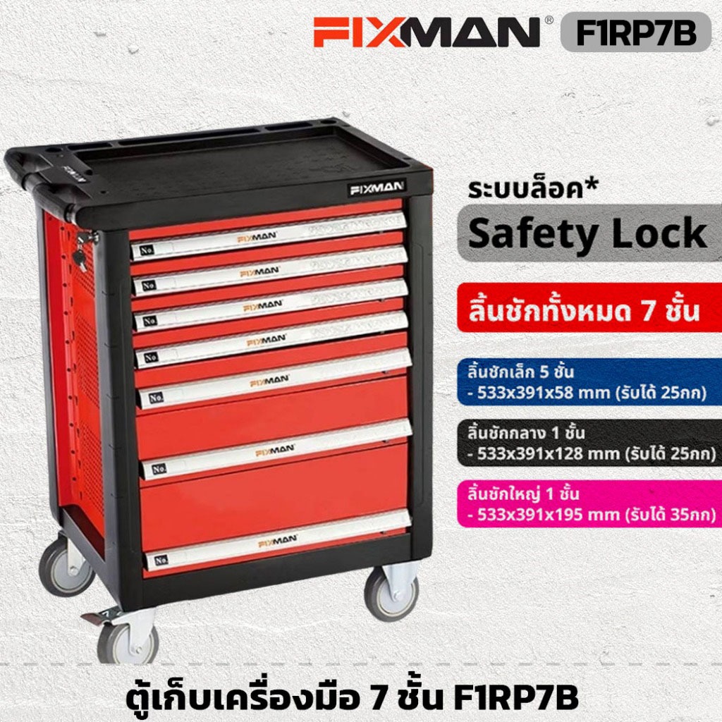 (สั่งครั้งละ1ตัว) FIXMAN ตู้เก็บเครื่องมือ 7 ชั้น F1RP7B มีล้อเลื่อน ระบบ Safety Lock (ห้ามสั่งร่วมกับสินค้าอื่น)