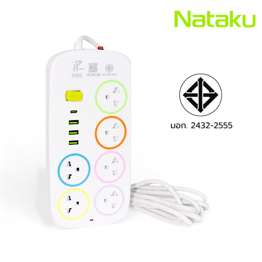 Nataku ปลั๊กไฟ ปลั๊กพ่วง 3 ตา ปุ่มเปิด-ปิด เบรกเกอร์นิรภัย 2เมตร 4เมตร  มีช่อง USB TypeC มาตรฐาน มอก