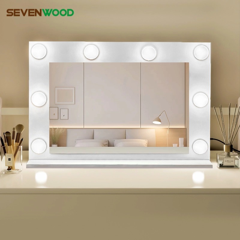 SEVENWOOD กระจกมีไฟ กระจกแต่งหน้า กระจกled กระจกแต่งหน้า มินอมอล กระจกแบบตั้งโต๊ะ ไฟติดกระจกสามารถปรับแสงได้สามสี