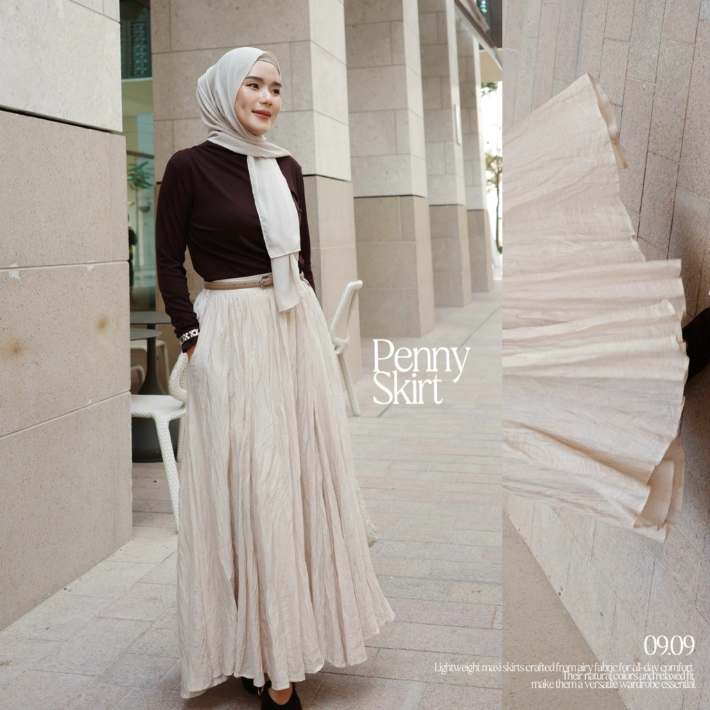 (D42) Heartmade-Penny skirt|(กระโปรงเอวสม๊อคหลังซิปข้างผ้าอัดยับซับในยาว)