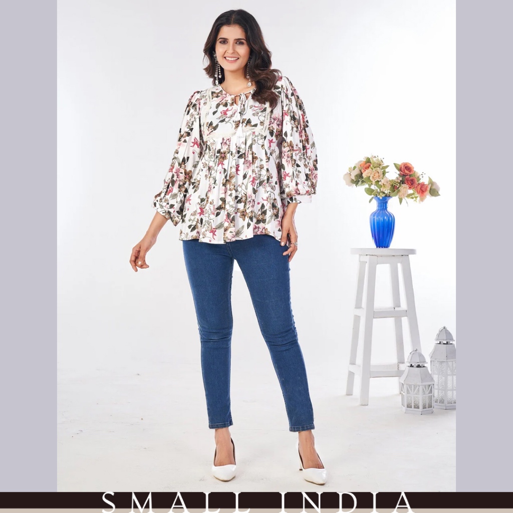 {**ส่งฟรี**} SMALL INDIA ✨👚 Heavy Wrinkle White Rayon Print Kurti Top เสื้อผู้หญิง ✨👚 Women Kurti To
