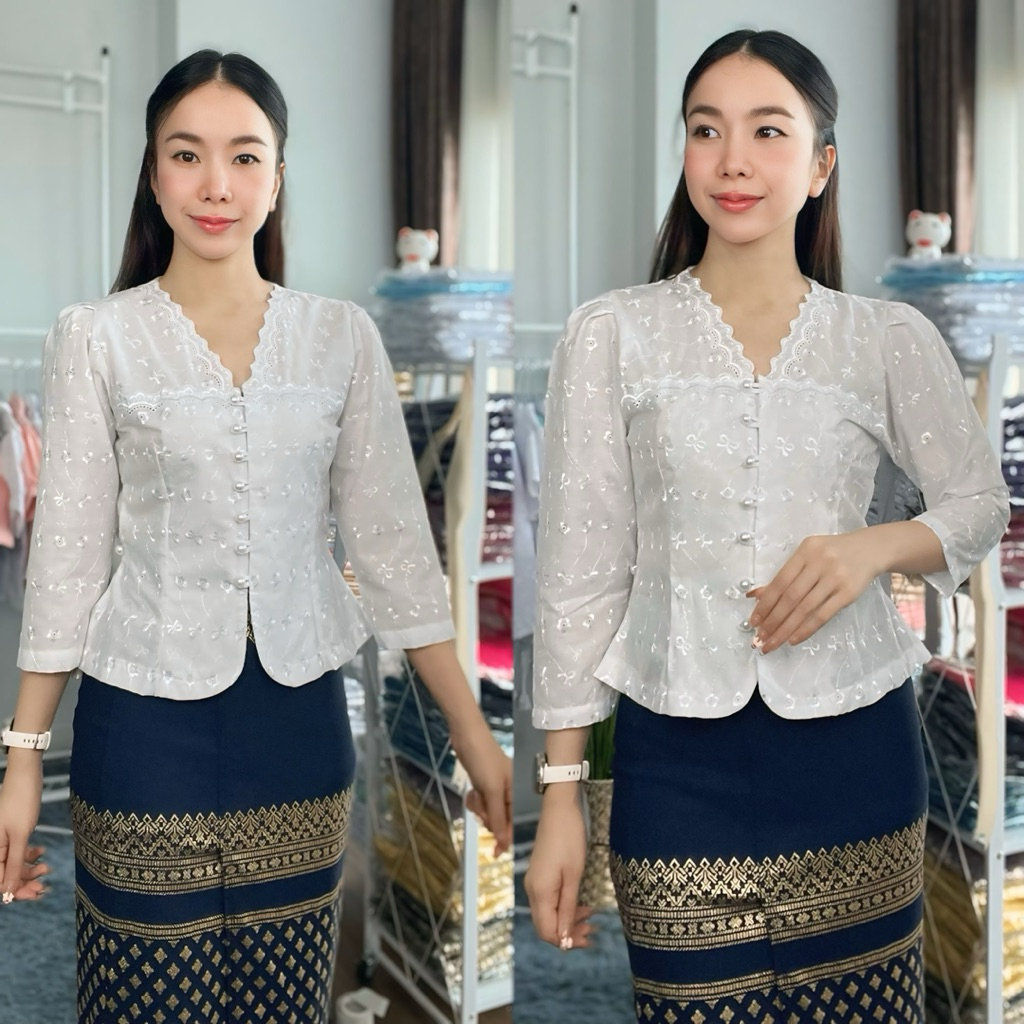 เสื้อลูกไม้คอวี จับจีบเอว ผ้านิ่มคุณภาพ100%