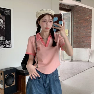 เสื้อยืดแขนสั้นสไตล์เกาหลี เสื้อโปโลผู้หญิง คอวี ทรงหลวม สีตัดกัน ไม่สมมาตร ผ้าใส่สบาย
