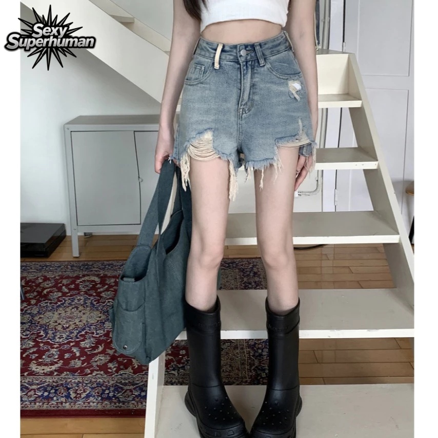 แฟชั่นกางเกงยีนส์ขาสั้นเอวสูง ทรงสวยเข้ารูป ปลายรุ่ยขาดขาเล็กน้อย ผ้ายีนส์แท้ สั้นสวมใส่สบาย - รูปที่ 5