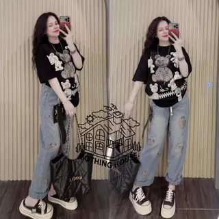 No.Set5590 ชุดเซ็ท2ชิ้น เสื้อแขนสั้น+กางเกงขายาว*ผ้ายีนส์เทียม* สกรีนลายหมีหลายตัว ชุดเซ็ท เสื้อผ้าแฟชั่น